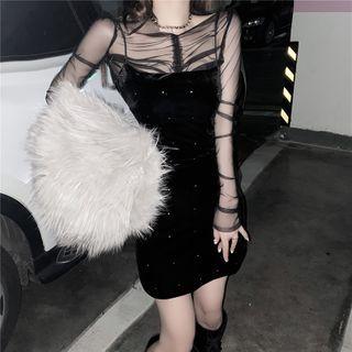 Set: Long-sleeve Mesh Top + Spaghetti Strap Rhinestone Mini Sheath Dress Set - Black - One Size