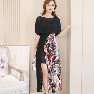 Set: Short-sleeve Crop Top + Printed Spaghetti Strap Midi A-line Dress