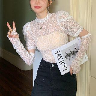 Set: Short-sleeve Lace Top + Oversleeves