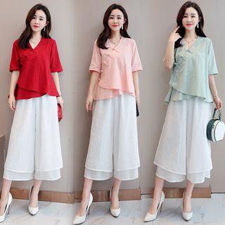 Set: Elbow-sleeve Hanfu Top + Wide Leg Pants