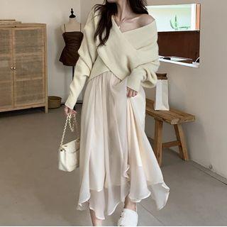 V-neck Sweater / Irregular Midi A-line Skirt