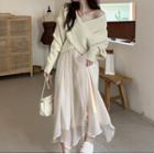 V-neck Sweater / Irregular Midi A-line Skirt