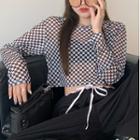 Long-sleeve Checkered Mesh Crop Top Checkerboard - Black & White - One Size