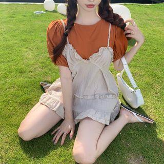 Puff-sleeve Plain Blouse / Ruffle Mini Overall Dress