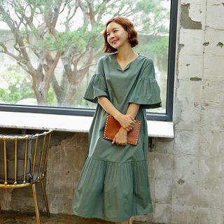 Pleat-detail Long Cotton Dress