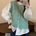 Single-breasted Sweater Vest / Bell-sleeve Blouse