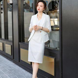 Striped Blazer / Sleeveless Striped Sheath Dress / Straight Leg Pants