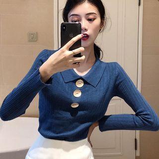 Long-sleeve Lapel Knit Top