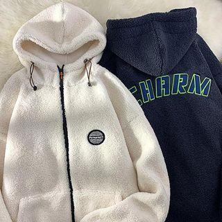 Lettering Fleece Hooded Zip-up Jacket