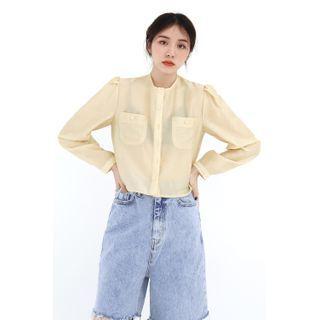 Round-neck Sheer Cropped Blouse Yellow - One Size