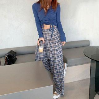 Long-sleeve Drawstring Crop Top / Plaid Wide-leg Pants