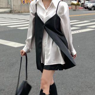 Silky Shirt / Reversible Faux Leather Camisole Top