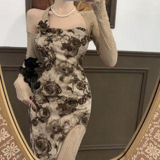 Asymmetrical Cold-shoulder Floral Print Midi Bodycon Dress