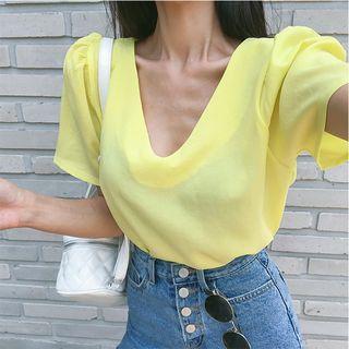 Plunge-neck Puff-shoulder Top