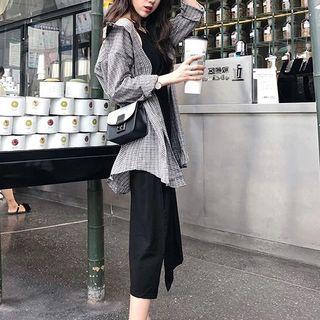 Set: Plaid Shirt + Spaghetti Strap Midi Dress