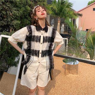 Set: Lace Panel Blouse + Straight Leg Shorts