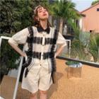 Set: Lace Panel Blouse + Straight Leg Shorts