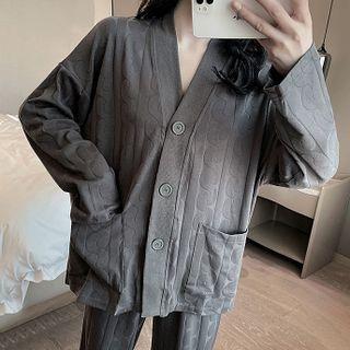 Loungewear Set : Short-sleeve Jacquard Shirt + Pants