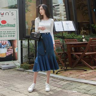 Ruffle-hem Denim Long Skirt