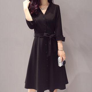 3/4-sleeve V-neck Tie-waist A-line Dress