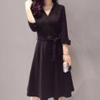 3/4-sleeve V-neck Tie-waist A-line Dress