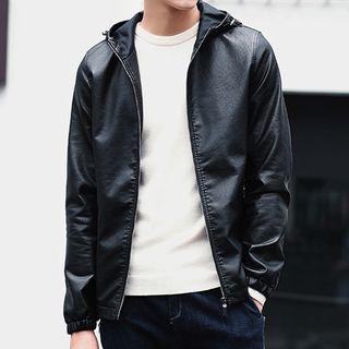 Hooded Faux Leather Zip Jacket