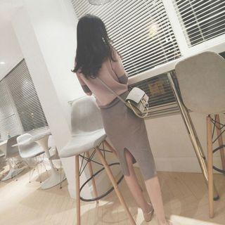 Set: Color Block Elbow-sleeve Knit Top +back Slit Knit Skirt