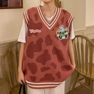 Embroidered Cow Print Sweater Vest