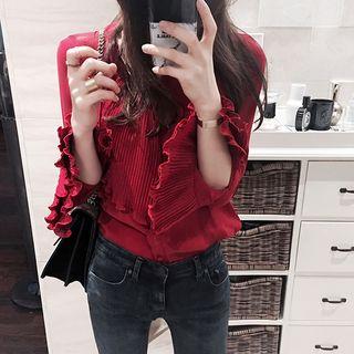 Bell-sleeve Open-front Frill Plain Slim Blouse