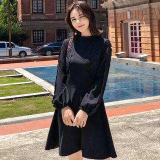 Long-sleeve Lace-trim Mini A-line Dress