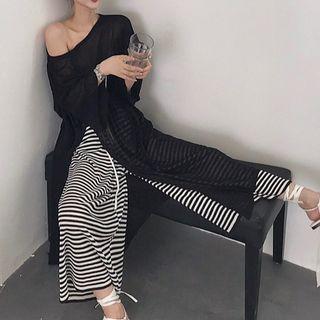 Elbow-sleeve Slit-side Knit Top / Striped Wide-leg Knit Pants