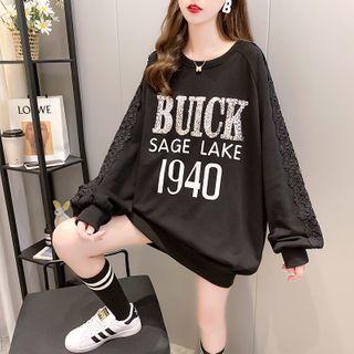 Sequined Lettering Lace Panel Pullover
