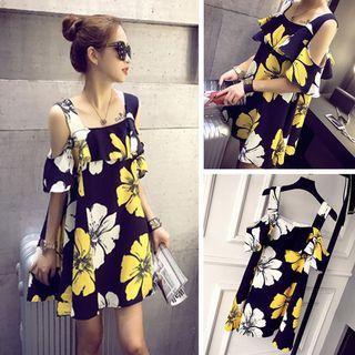 Floral Print Cutout Shoulder Mini Dress