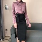 Long-sleeve Plain Glitter Shirt / High-waist Drawstring Split Hem Skirt