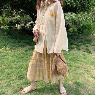 Pocket Detail Shirt / Plaid Spaghetti Strap Midi A-line Dress