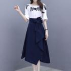 Short-sleeve Floral Blouse / Tie-waist Midi A-line Skirt / Undershorts / Set