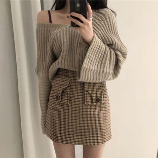 Sweater / Plaid A-line Mini Skirt