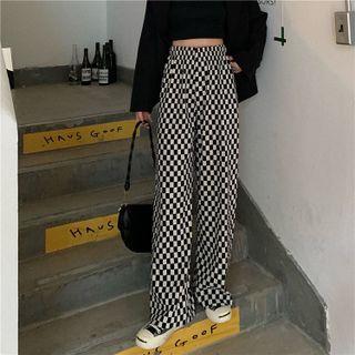 Check Wide Leg Pants Black & White - One Size