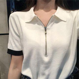 Contrast Trim Zipped Knit Top As Shown In Figure - One Size