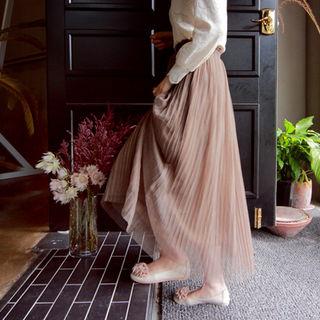 Accordion-pleated Tulle Maxi Skirt
