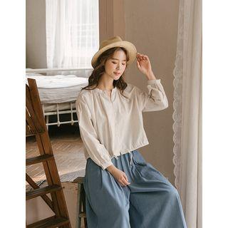 Mandarin-collar Drawstring-hem Striped Blouse