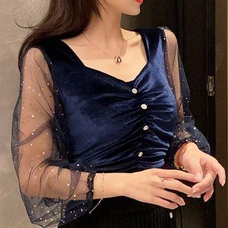 Plain Velvet Panel Mesh Long-sleeve T-shirt