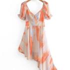 Short-sleeve V-neck Tie-dye Irregular A-line Dress