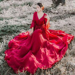 V-neck Bell-sleeve A-line Maxi Dress