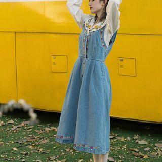 Flower Embroidered Blouse / Button-up Denim Midi Overall Dress