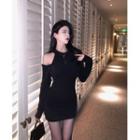 Cold-shoulder Knit Mini Sheath Dress Dress - Black - One Size