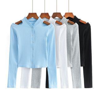 Long-sleeve Cold Shoulder Button-up Crop Top