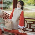 Bell-sleeve Fleece Trim Two-tone Midi Qipao