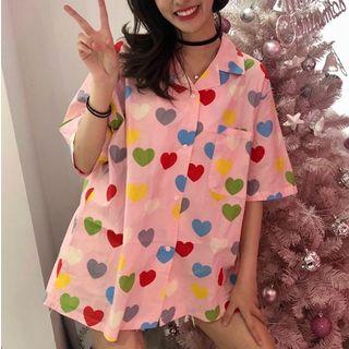 Elbow-sleeve Heart Patterned Shirt