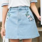 Floral Embroidery Mini Denim Skirt